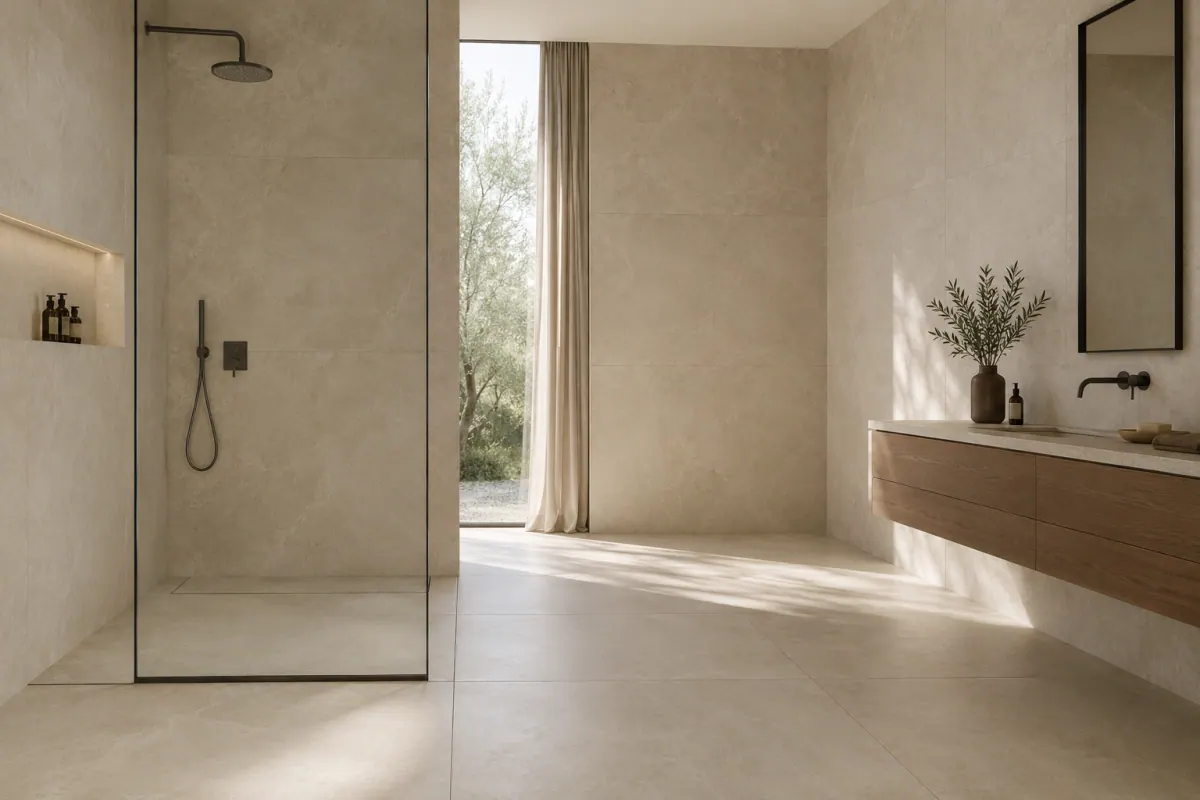 Moderne badkamer met grootformaat keramische tegels op vloer en wand