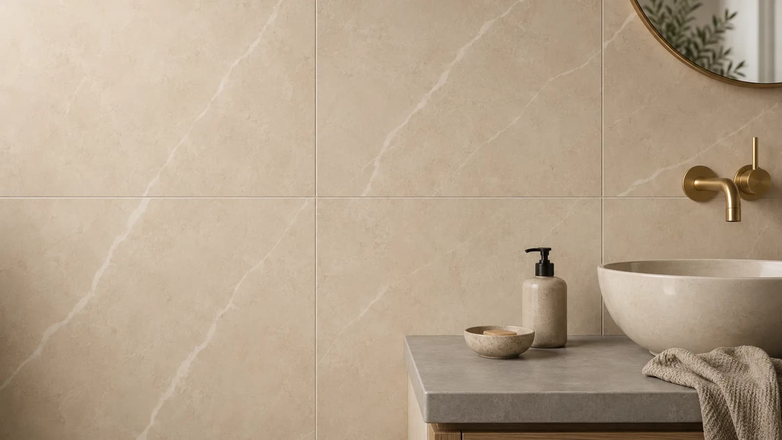 Ruime badkamer met grootformaat marmerlook tegels op vloer en wand